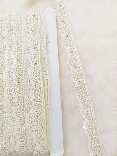White Net Bridal Trim In White Beaded Embroidery, Hand Embroidered Bead Lace, Embroidered Lace